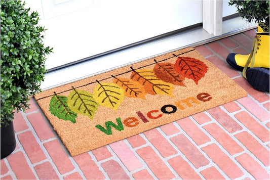 17" X 29" Natural Green And Orange Botanical Leaves Welcome Outdoor Coir Door Mat HomeRoots