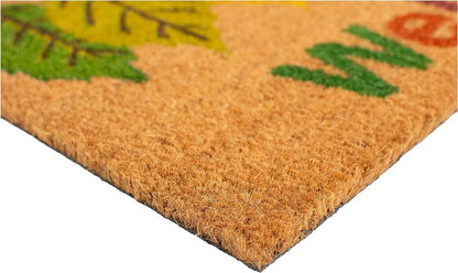 17" X 29" Natural Green and Orange Coir Botanical Leaves Welcome Outdoor Fall Door Mat HomeRoots