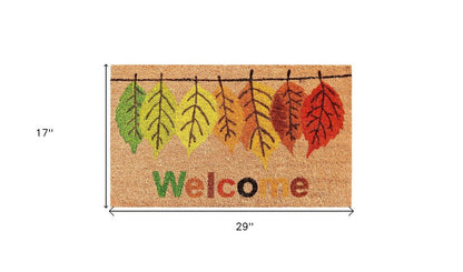 17" X 29" Natural Green and Orange Coir Botanical Leaves Welcome Outdoor Fall Door Mat HomeRoots