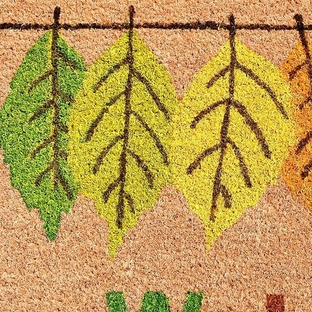 17" X 29" Natural Green and Orange Coir Botanical Leaves Welcome Outdoor Fall Door Mat HomeRoots