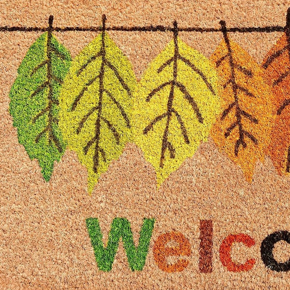 17" X 29" Natural Green and Orange Coir Botanical Leaves Welcome Outdoor Fall Door Mat HomeRoots