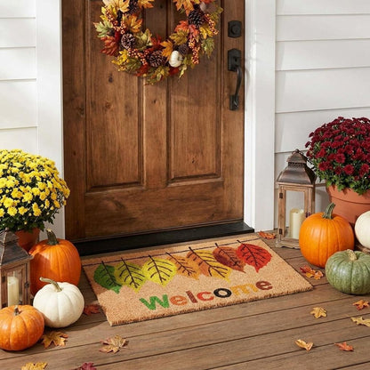 17" X 29" Natural Green And Orange Botanical Leaves Welcome Outdoor Coir Door Mat HomeRoots