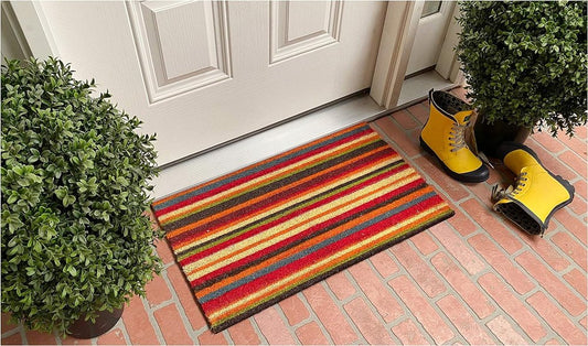 17" X 29" Red Orange and Natural Coir Striped Outdoor Door Mat HomeRoots