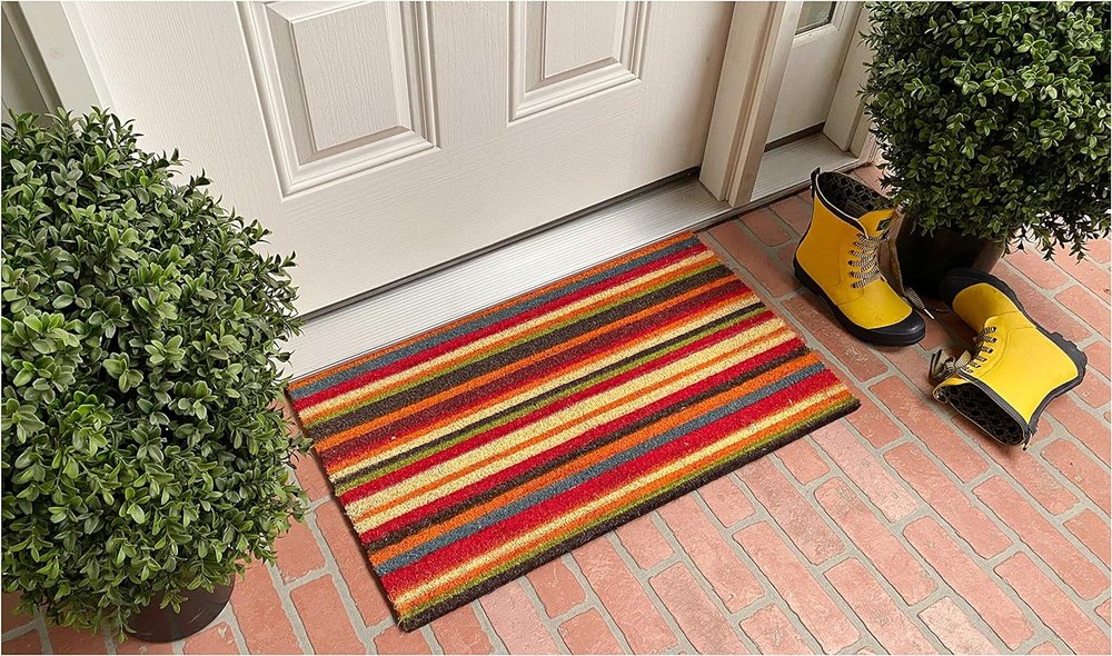 17" X 29" Red Orange and Natural Coir Striped Outdoor Door Mat HomeRoots