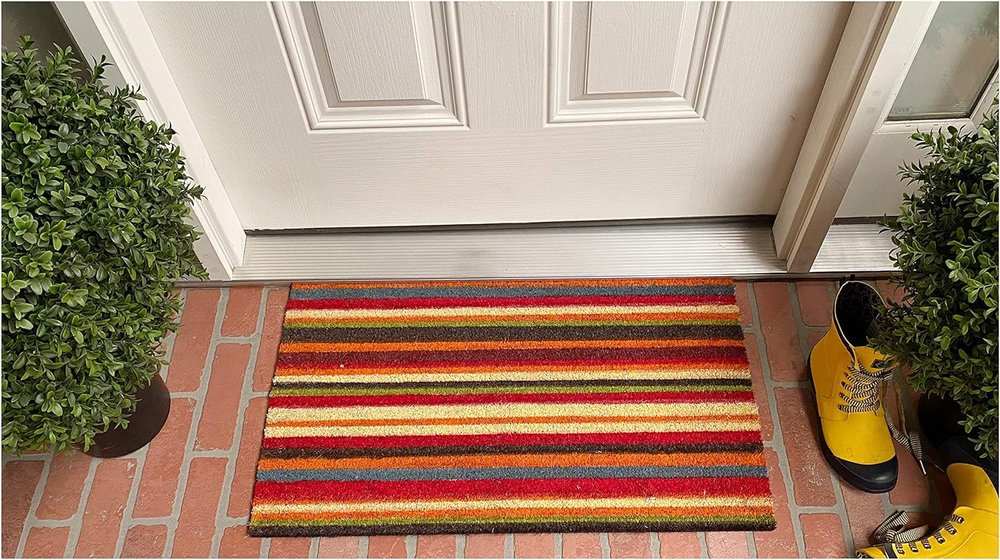 17" X 29" Red Orange and Natural Coir Striped Outdoor Door Mat HomeRoots