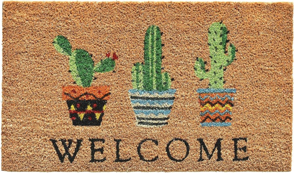 24" X 36" Natural Green and Black Coir Cactus Welcome Outdoor Door Mat HomeRoots