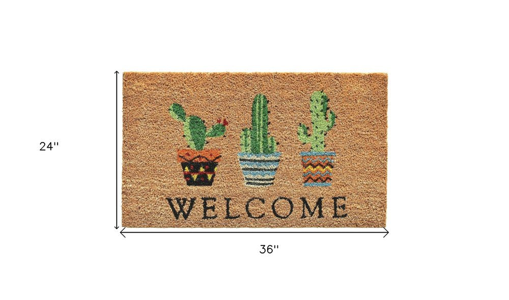 24" X 36" Natural Green and Black Coir Cactus Welcome Outdoor Door Mat HomeRoots