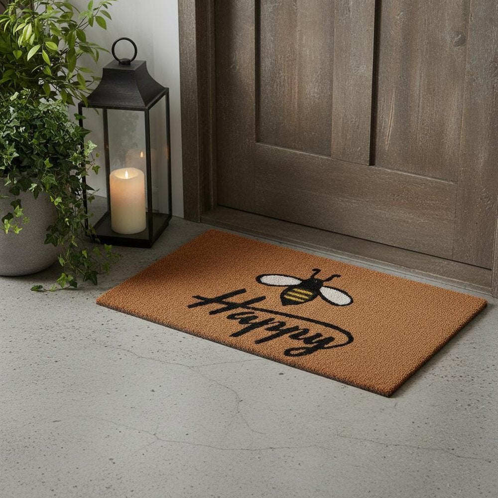 17" X 29" Natural and Black Coir Bumblee Bee Happy Outdoor Door Mat HomeRoots
