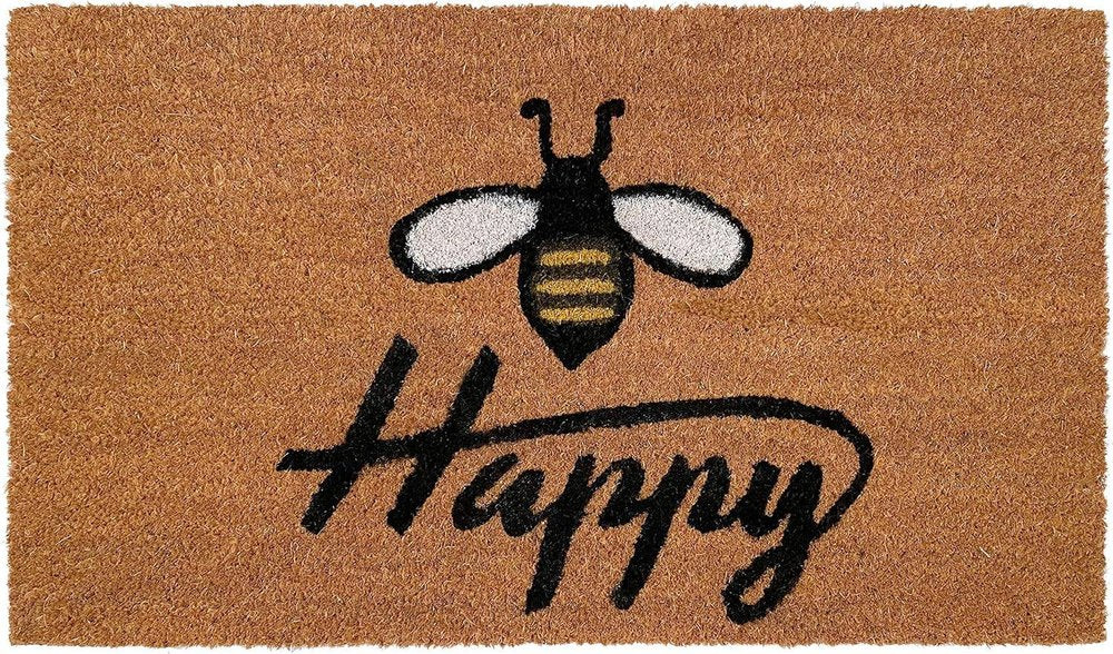 24" X 36" Natural and Black Coir Bumblee Bee Happy Outdoor Door Mat HomeRoots