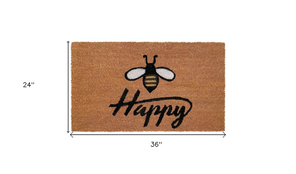 24" X 36" Natural and Black Coir Bumblee Bee Happy Outdoor Door Mat HomeRoots