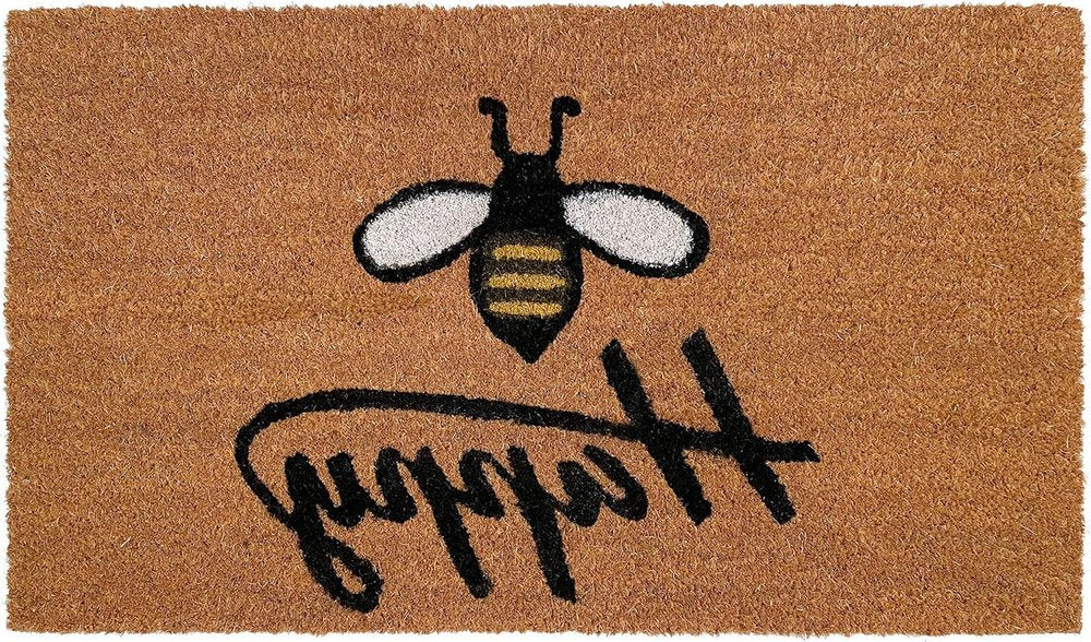 24" X 36" Natural and Black Coir Bumblee Bee Happy Outdoor Door Mat HomeRoots