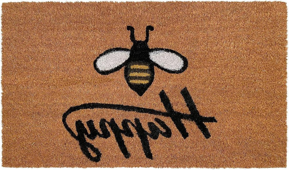 24" X 36" Natural and Black Coir Bumblee Bee Happy Outdoor Door Mat HomeRoots