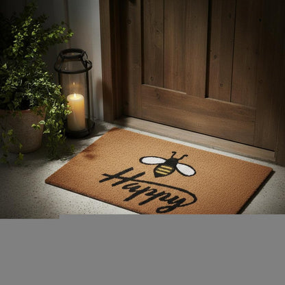 24" X 36" Natural and Black Coir Bumblee Bee Happy Outdoor Door Mat HomeRoots