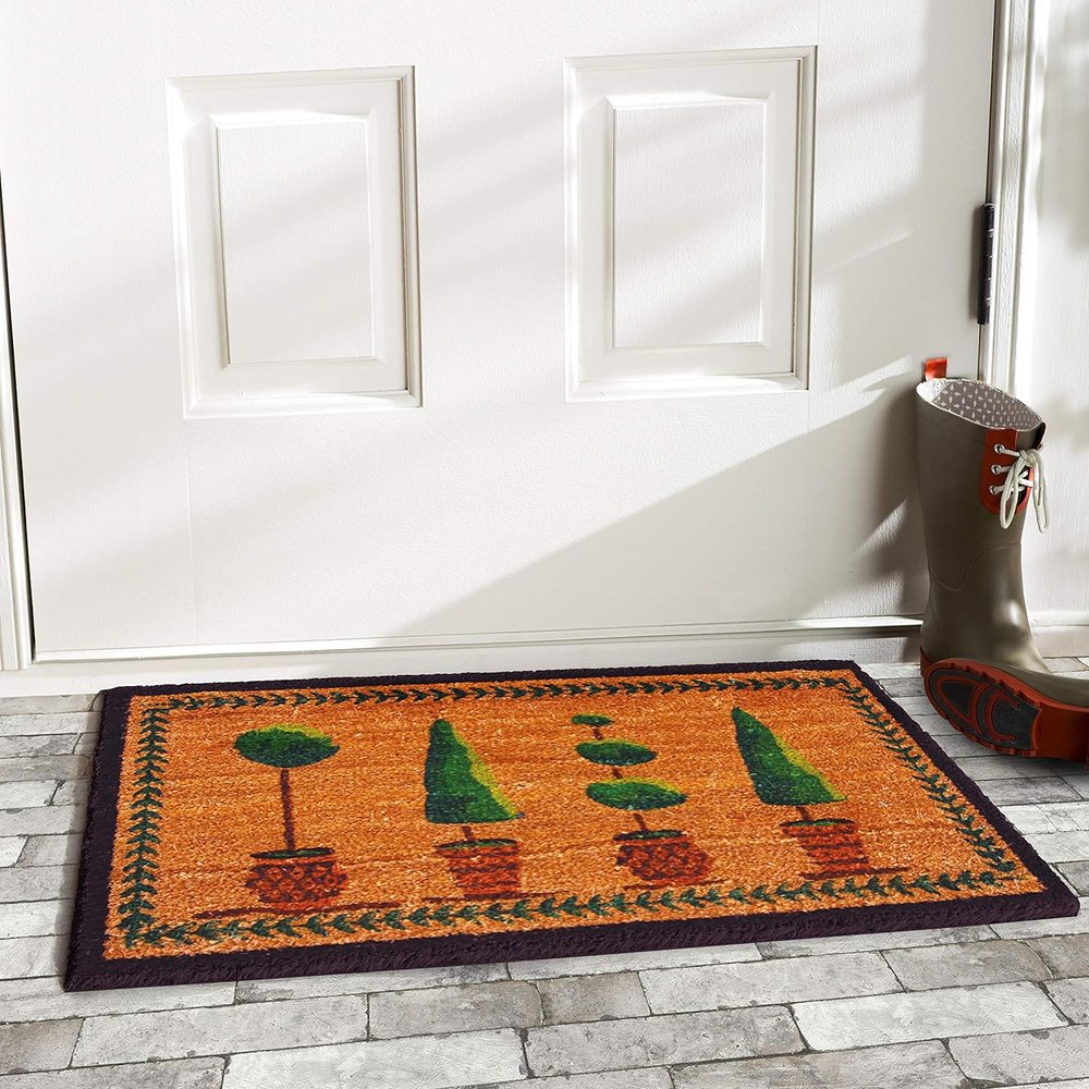 17" X 29" Natural and Green Coir Topiary Outdoor Door Mat HomeRoots