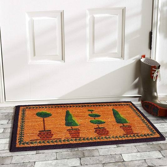 17" X 29" Natural and Green Coir Topiary Outdoor Door Mat HomeRoots