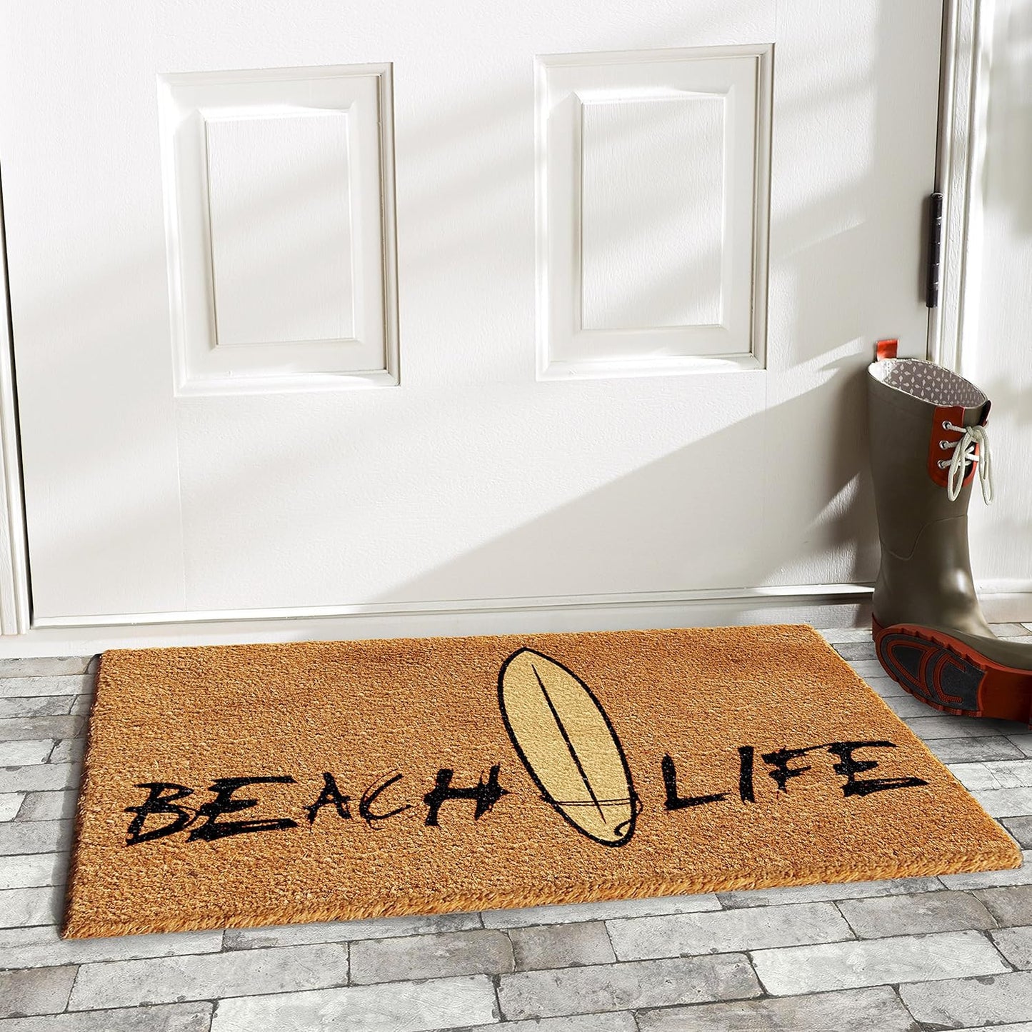 17" X 29" Natural and Black Coir Beach Life Outdoor Door Mat