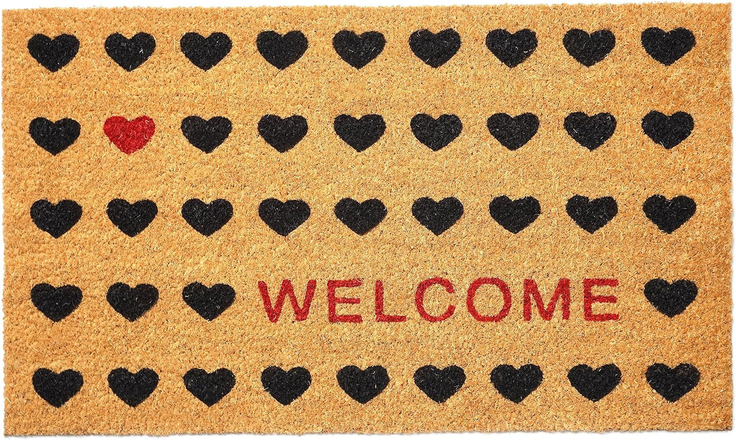 17" X 29" Natural and Black Coir Heart Welcome Outdoor Valentine's Day Door Mat