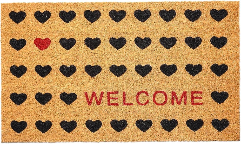 17" X 29" Natural and Black Coir Heart Welcome Outdoor Valentine's Day Door Mat HomeRoots