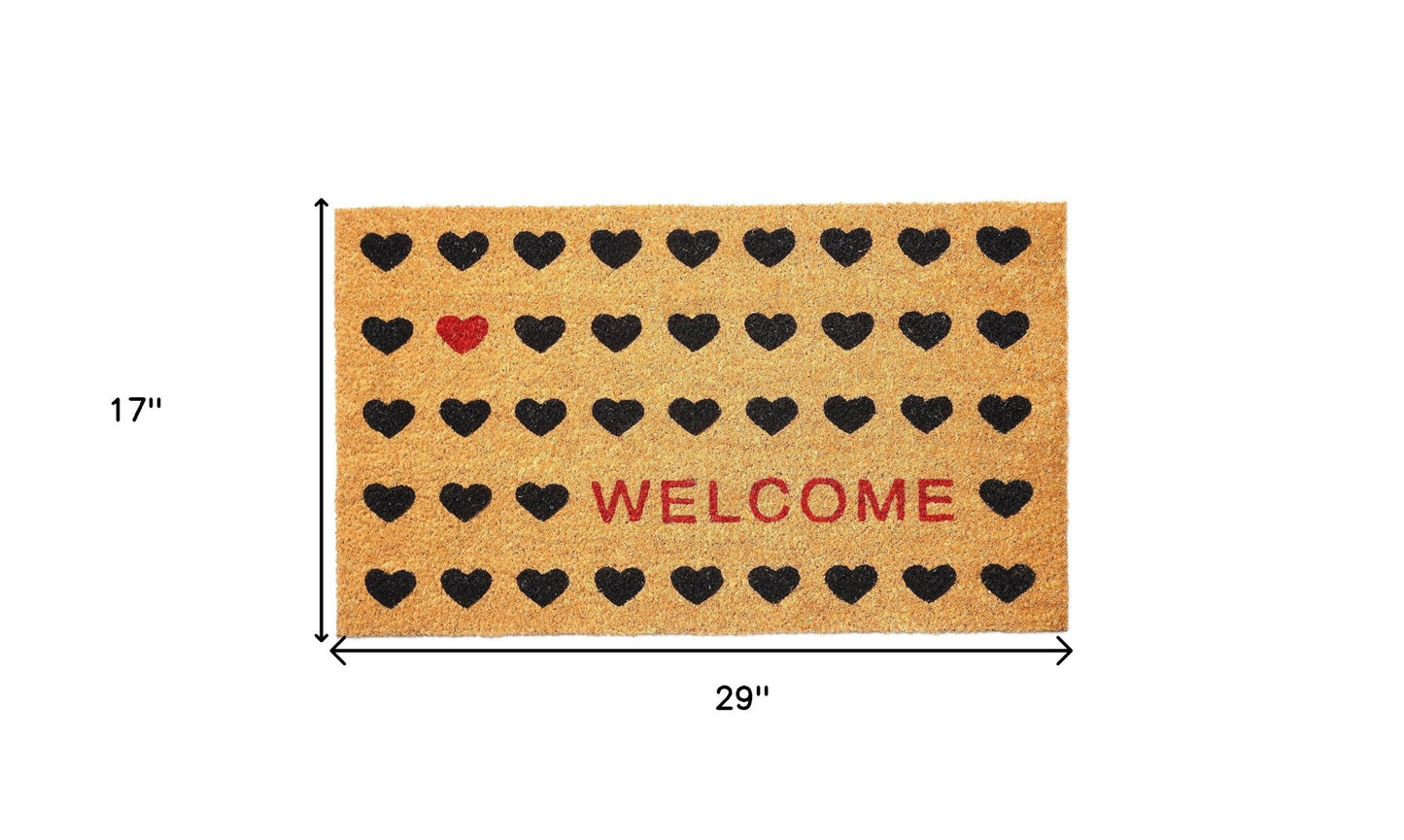 17" X 29" Natural and Black Coir Heart Welcome Outdoor Valentine's Day Door Mat