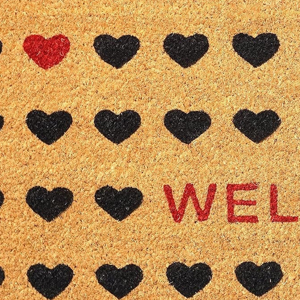 17" X 29" Natural and Black Coir Heart Welcome Outdoor Valentine's Day Door Mat