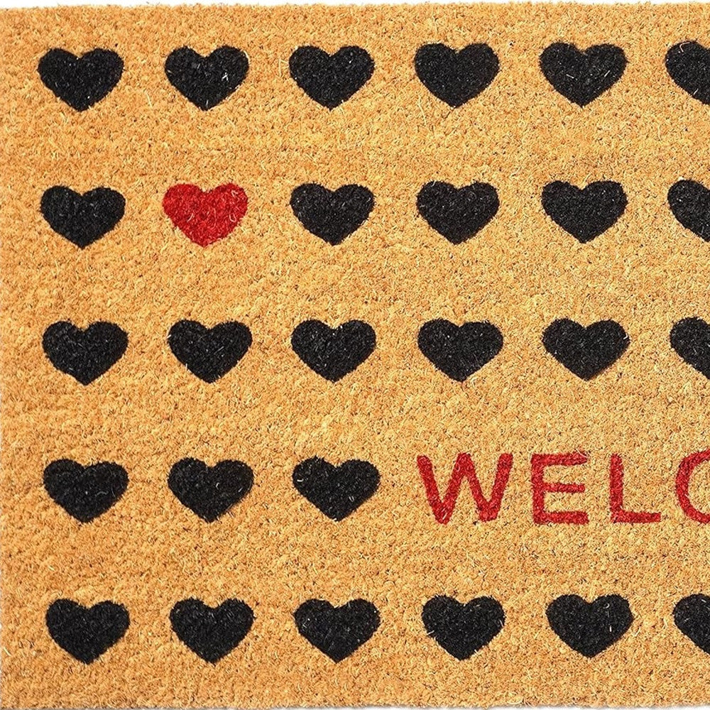 17" X 29" Natural and Black Coir Heart Welcome Outdoor Valentine's Day Door Mat