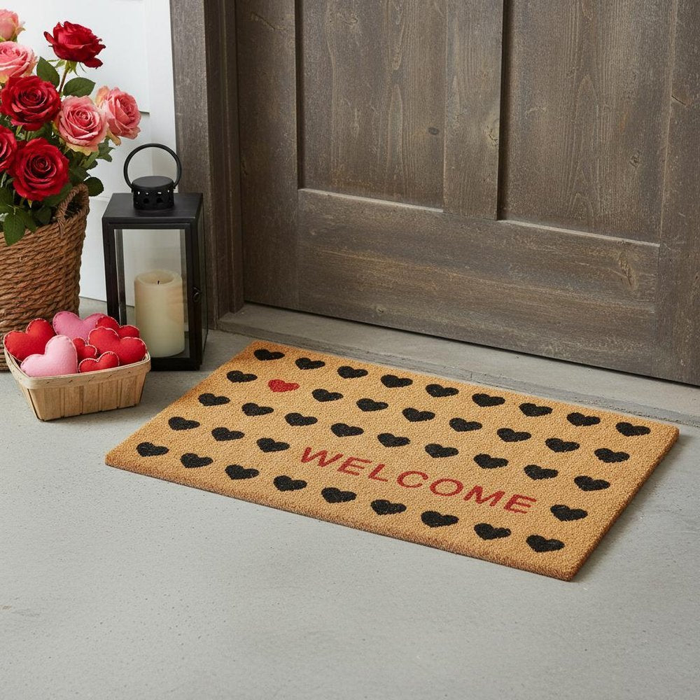 17" X 29" Natural and Black Coir Heart Welcome Outdoor Valentine's Day Door Mat HomeRoots