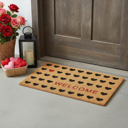 17" X 29" Natural and Black Coir Heart Welcome Outdoor Valentine's Day Door Mat HomeRoots