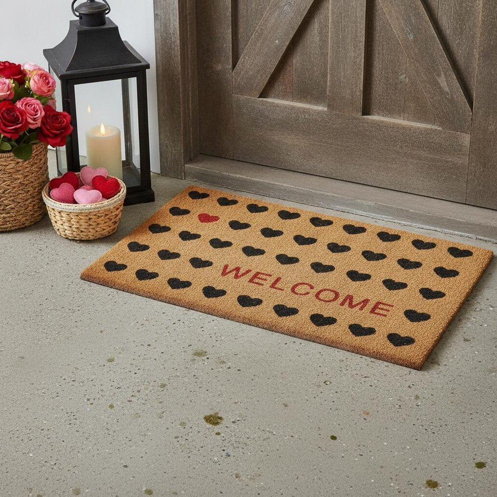 17" X 29" Natural and Black Coir Heart Welcome Outdoor Valentine's Day Door Mat HomeRoots