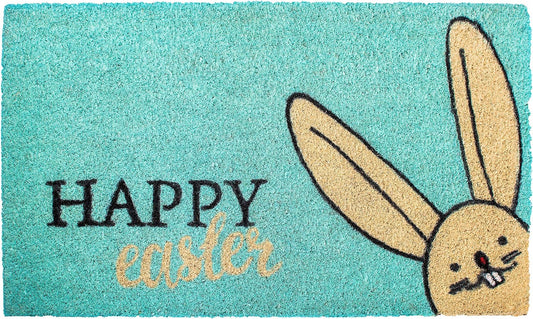 17" X 29" Aqua and Natural Coir Happy Easter Outdoor Easter Door Mat