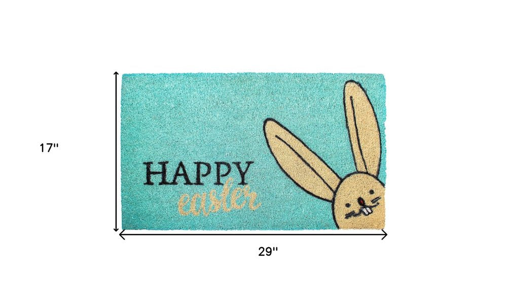 17" X 29" Aqua and Natural Coir Happy Easter Outdoor Easter Door Mat HomeRoots