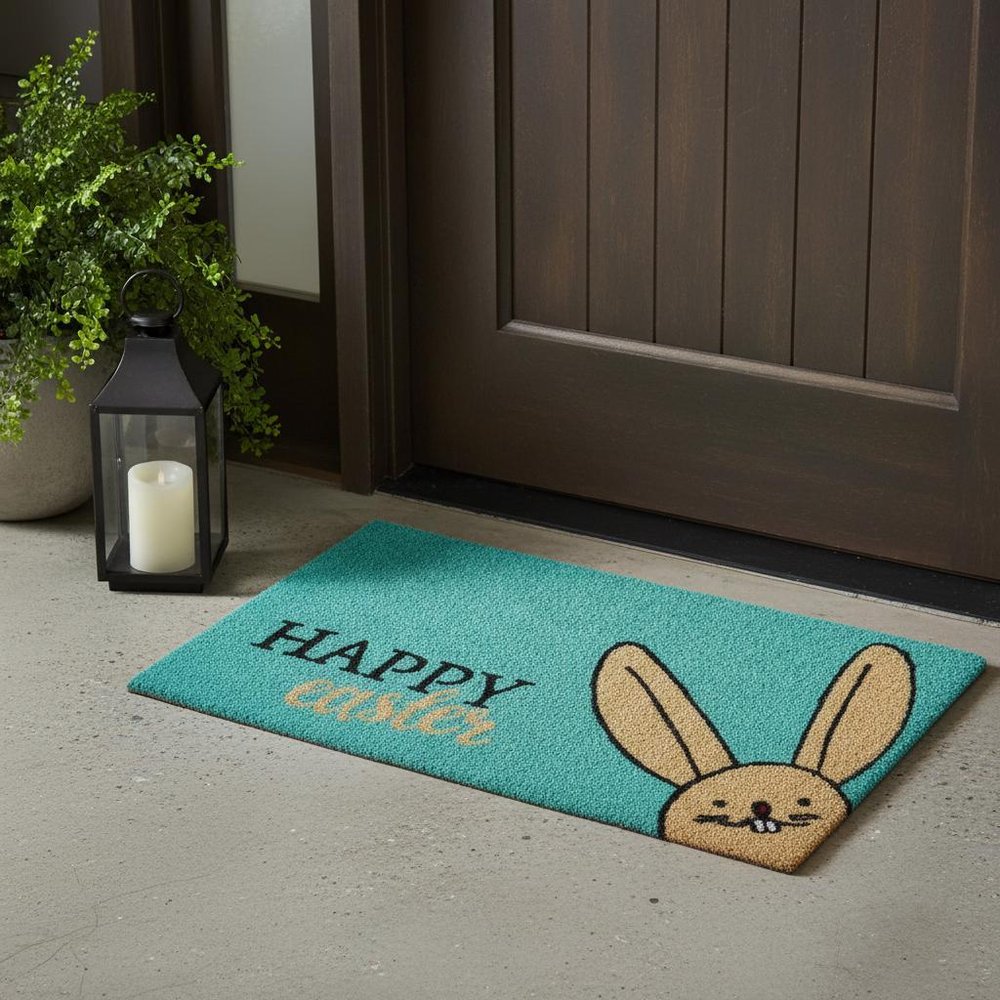 17" X 29" Aqua and Natural Coir Happy Easter Outdoor Easter Door Mat HomeRoots