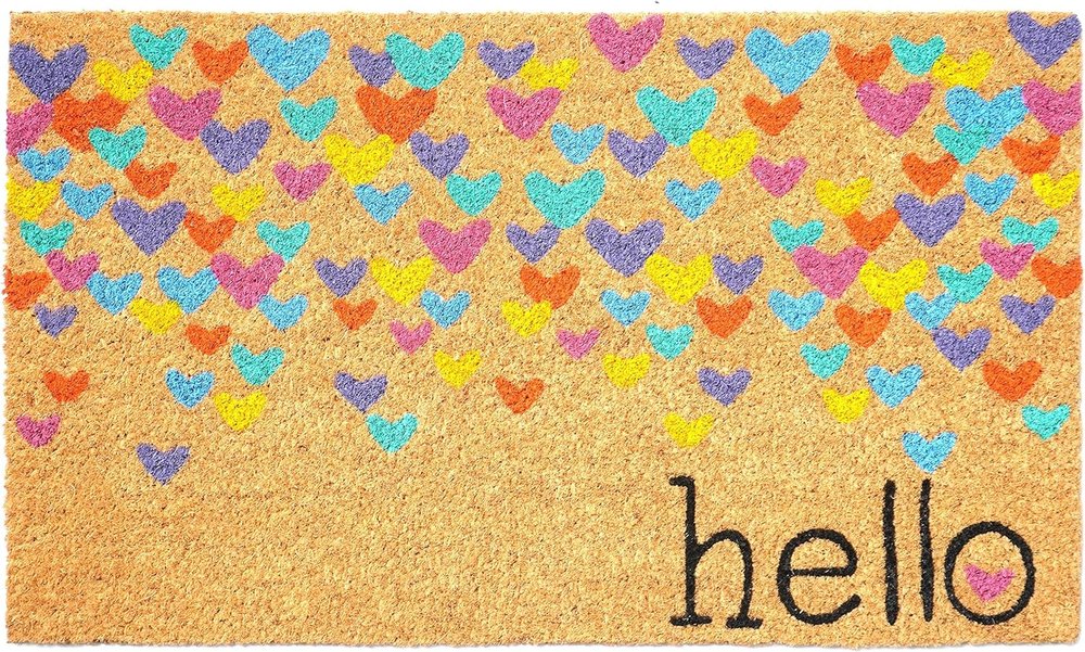 17" X 29" Natural Blue and Yellow Coir Heart Outdoor Valentine's Day Door Mat HomeRoots