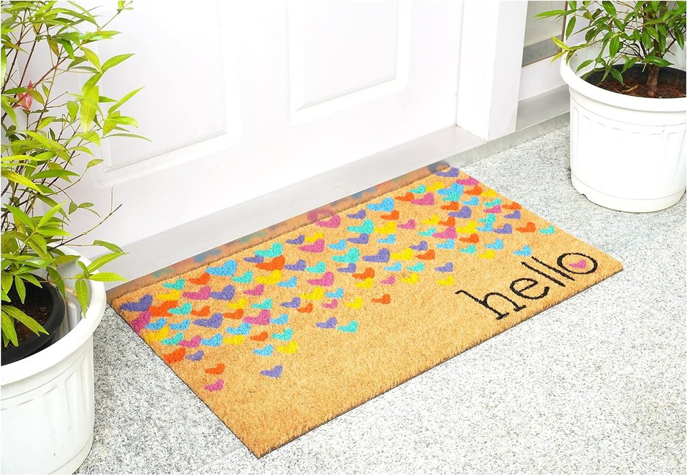 17" X 29" Natural Blue and Yellow Coir Heart Outdoor Valentine's Day Door Mat HomeRoots