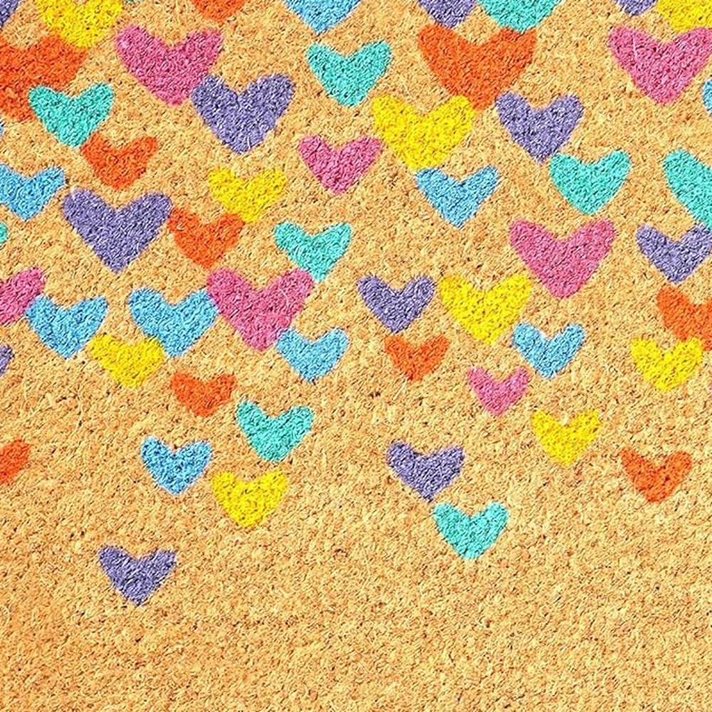 17" X 29" Natural Blue and Yellow Coir Heart Outdoor Valentine's Day Door Mat HomeRoots