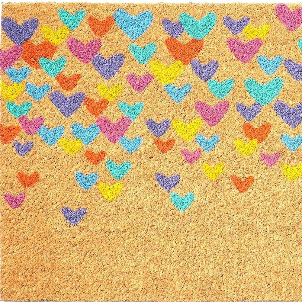17" X 29" Natural Blue and Yellow Coir Heart Outdoor Valentine's Day Door Mat HomeRoots