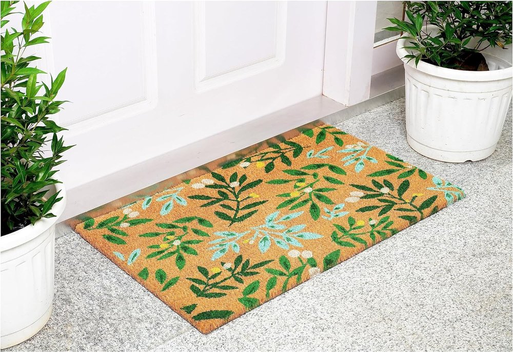 17" X 29" Natural and Green Coir Botanical Leaves Outdoor Door Mat HomeRoots
