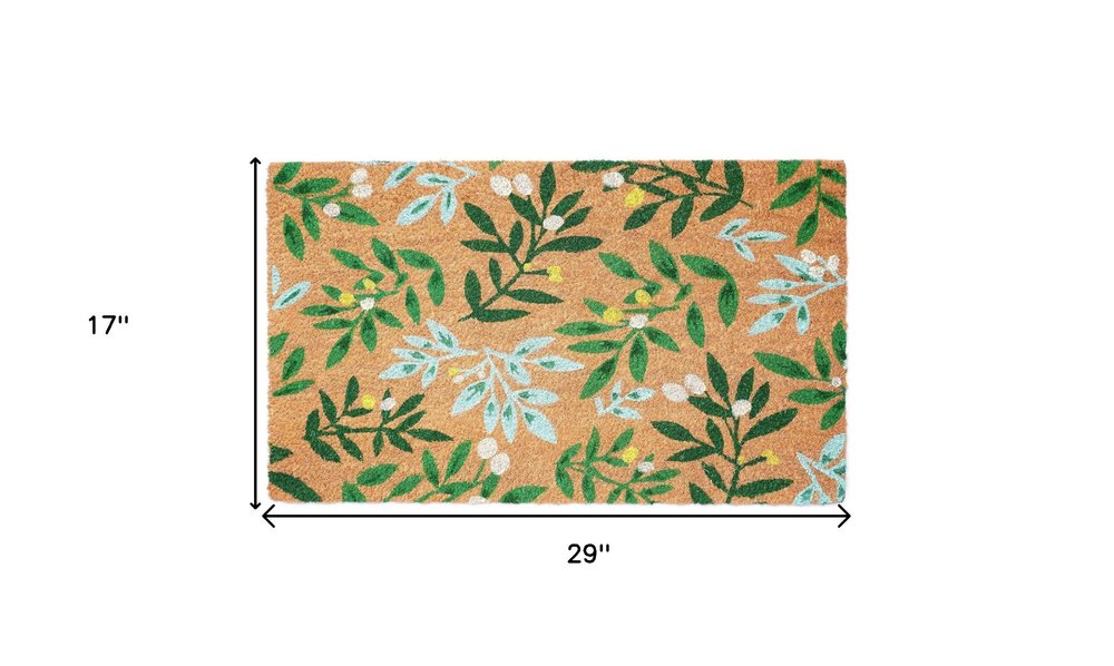 17" X 29" Natural and Green Coir Botanical Leaves Outdoor Door Mat HomeRoots