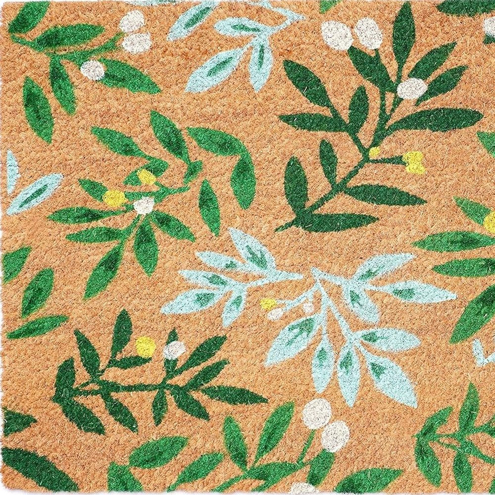 17" X 29" Natural and Green Coir Botanical Leaves Outdoor Door Mat HomeRoots
