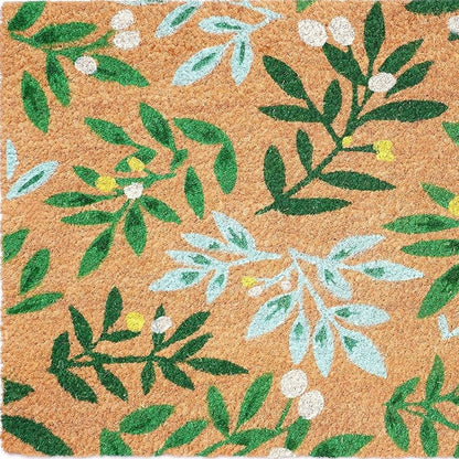 17" X 29" Natural and Green Coir Botanical Leaves Outdoor Door Mat HomeRoots
