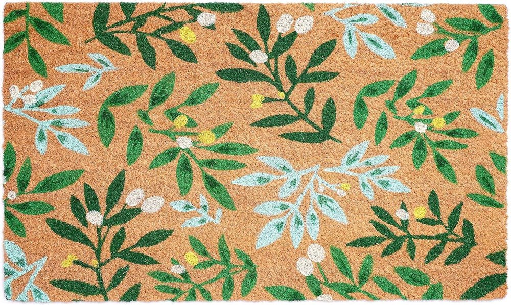 17" X 29" Natural and Green Coir Botanical Leaves Outdoor Door Mat HomeRoots