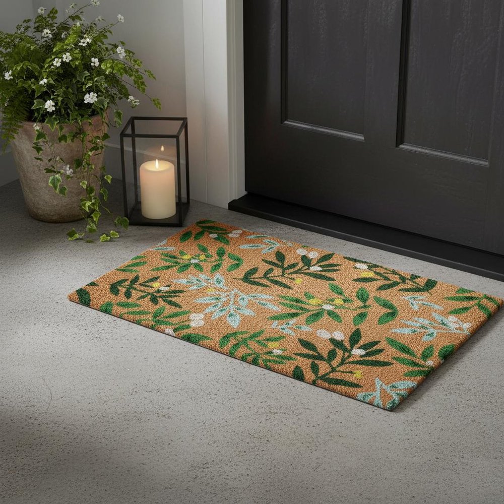 17" X 29" Natural and Green Coir Botanical Leaves Outdoor Door Mat HomeRoots
