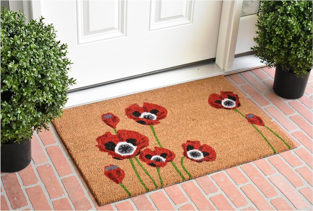 17" X 29" Natural Red and Black Coir Floral Outdoor Door Mat HomeRoots