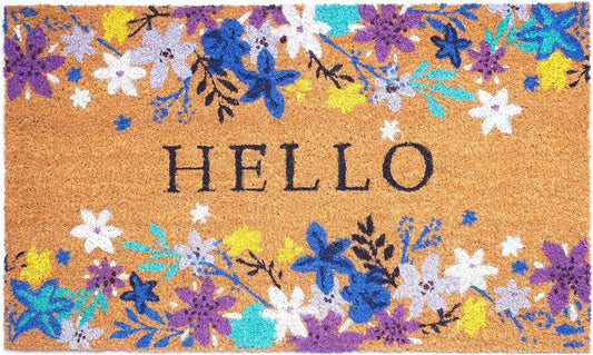 24" X 36" Natural Blue and Purple Coir Floral Hello Outdoor Door Mat HomeRoots