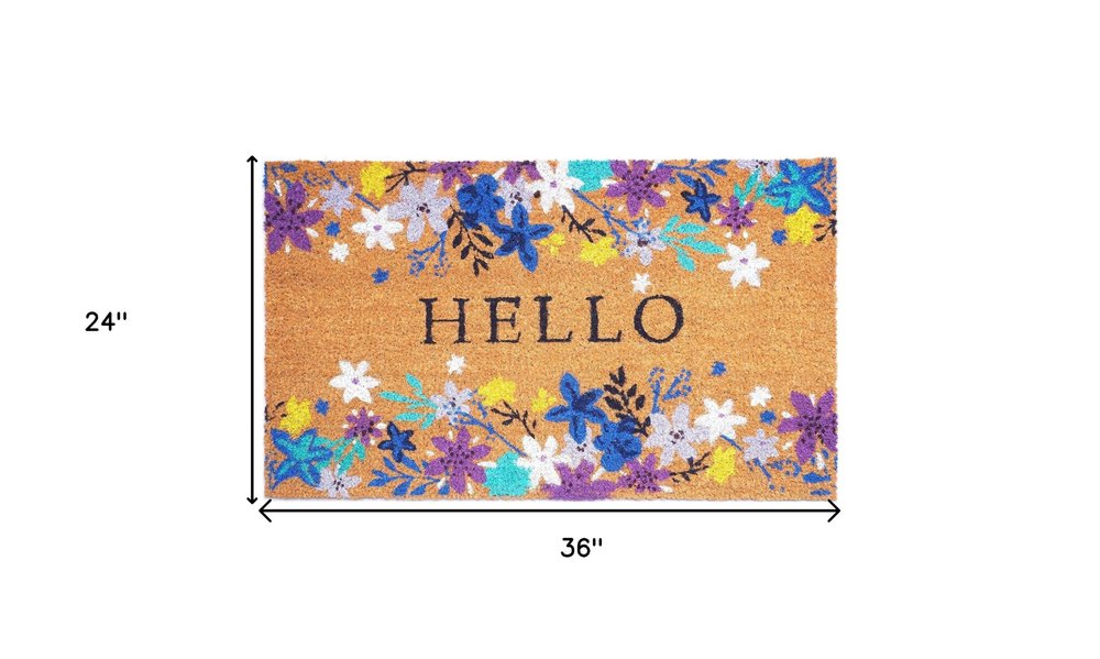 24" X 36" Natural Blue and Purple Coir Floral Hello Outdoor Door Mat HomeRoots