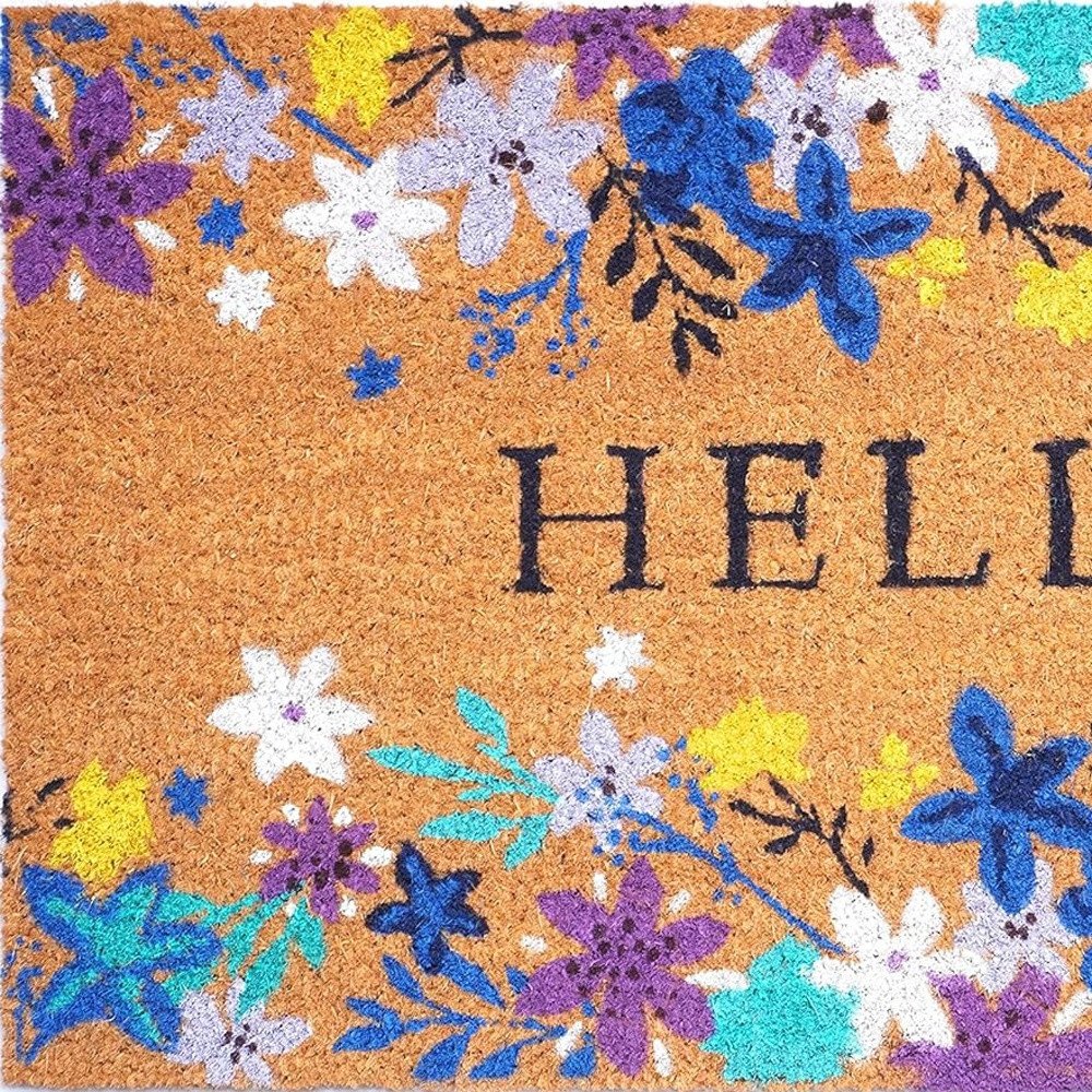 24" X 36" Natural Blue and Purple Coir Floral Hello Outdoor Door Mat HomeRoots