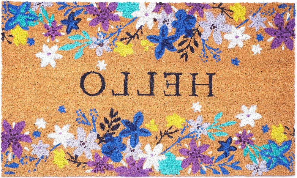 24" X 36" Natural Blue and Purple Coir Floral Hello Outdoor Door Mat HomeRoots