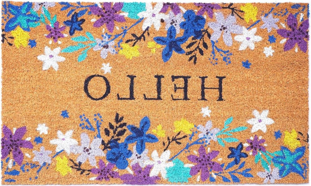 24" X 36" Natural Blue and Purple Coir Floral Hello Outdoor Door Mat HomeRoots
