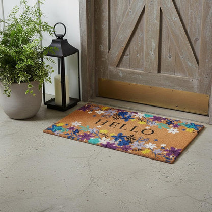 24" X 36" Natural Blue and Purple Coir Floral Hello Outdoor Door Mat HomeRoots