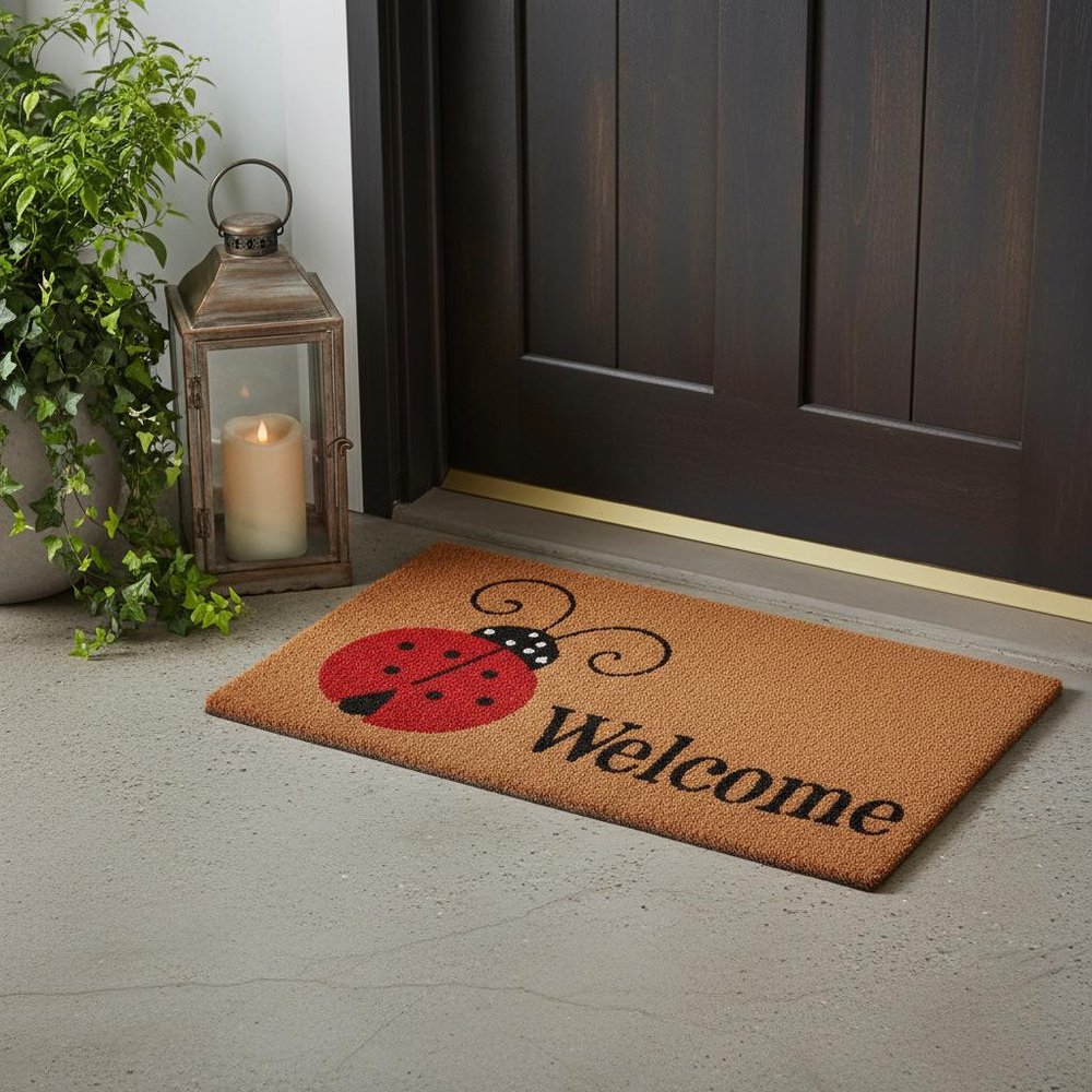 24" X 36" Natural Black and Red Coir Ladybug Welcome Outdoor Door Mat HomeRoots