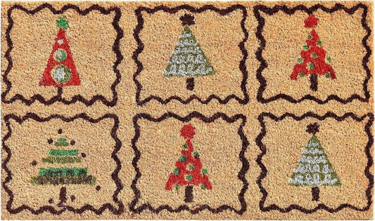17" X 29" Natural Red and Black Coir Christmas Trees Outdoor Christmas Door Mat HomeRoots